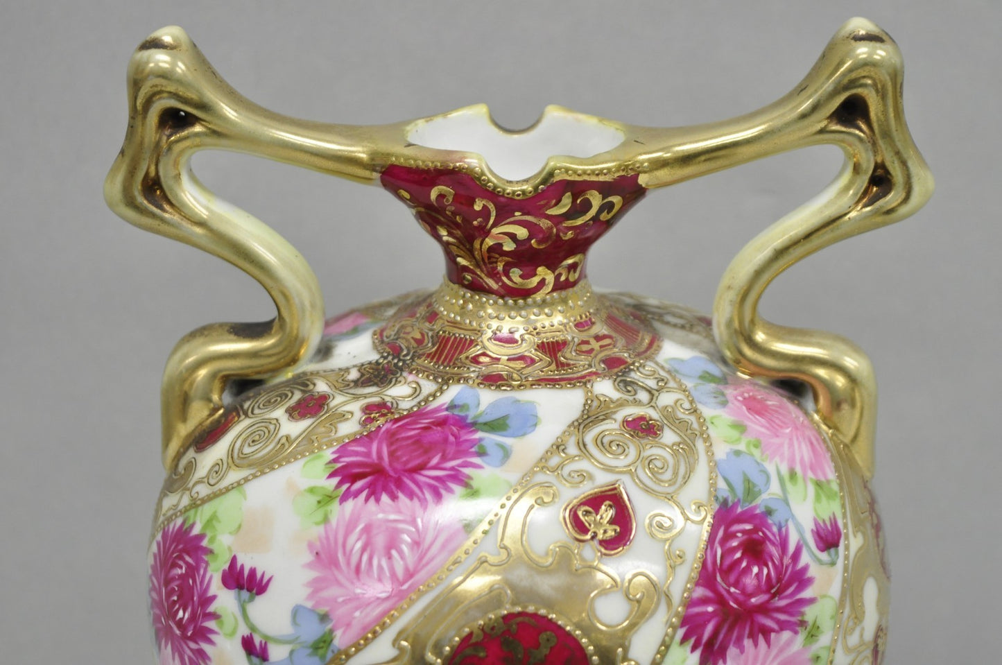 Antique Nippon Moriage Porcelain Twin Handle Ball Vase w/ Hand Painted Roses