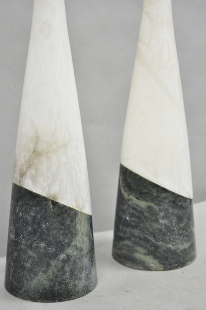 Vintage Italian Mid Century Modern 2 Tone Alabaster Green White Table Lamp Pair