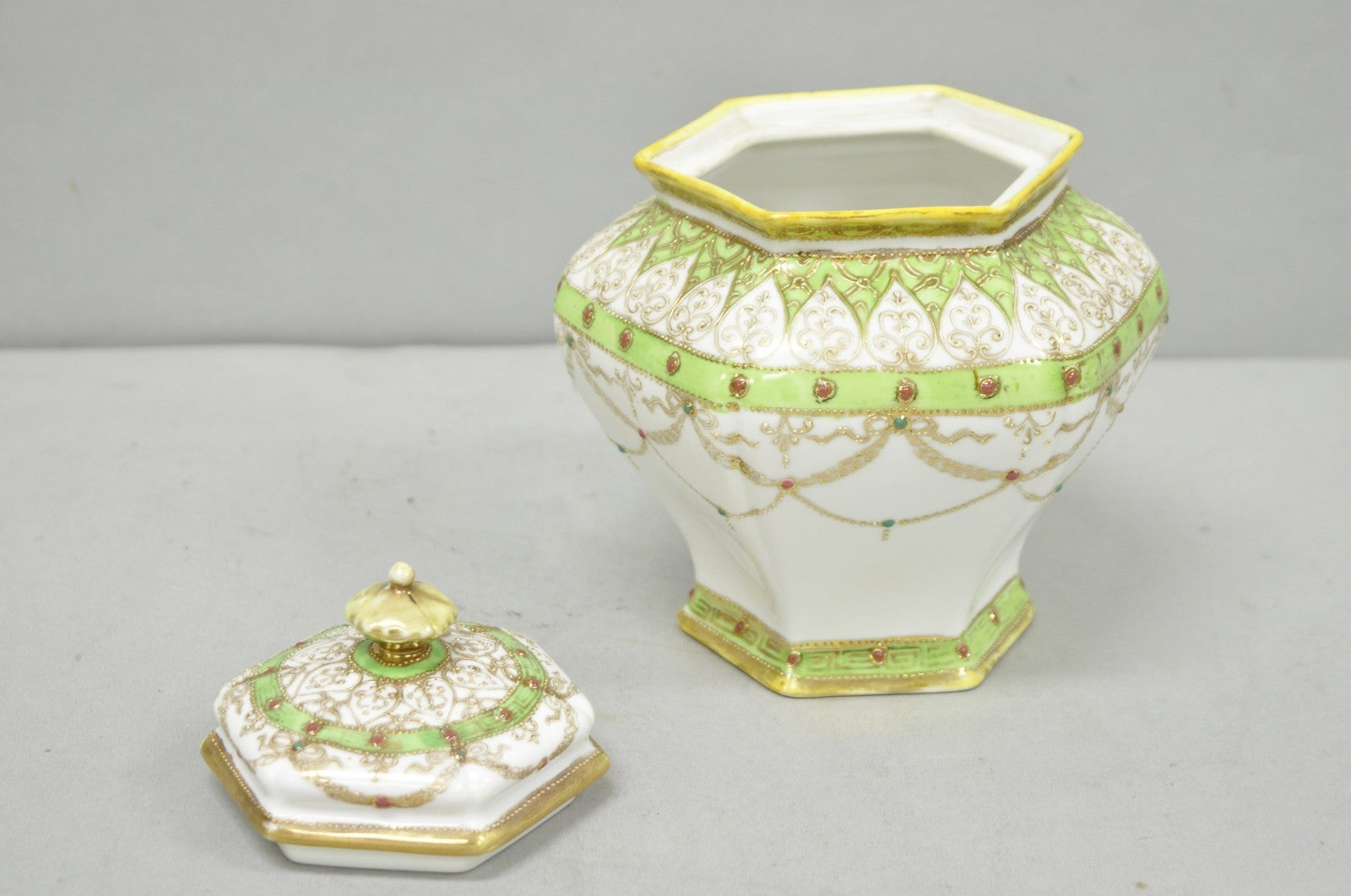 Antique Nippon Noritake Hand Painted Porcelain Gold Gilt Draped Biscuit Jar