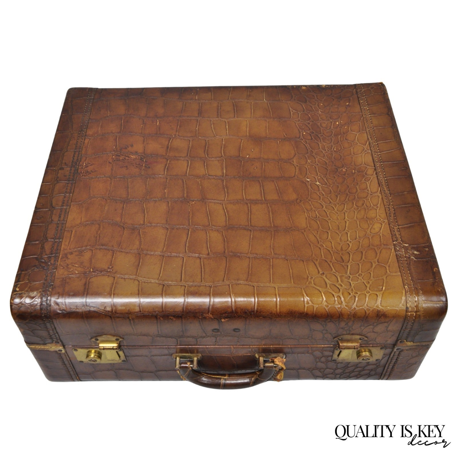 Vintage Art Deco Brown Leather Faux Crocodile Hard Case Suitcase Luggage