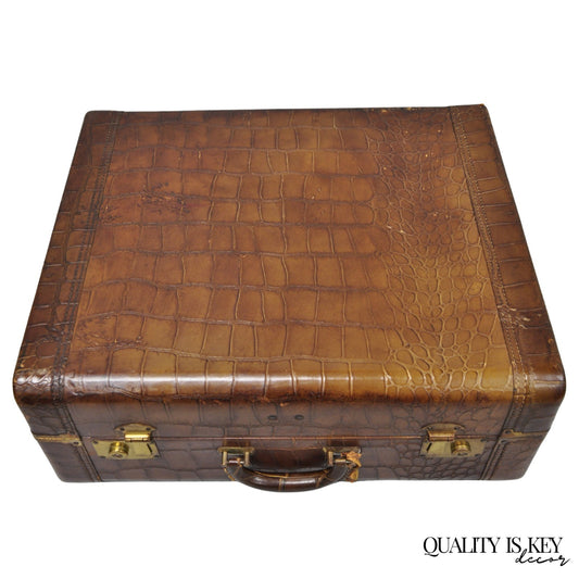 Vintage Art Deco Brown Leather Faux Crocodile Hard Case Suitcase Luggage