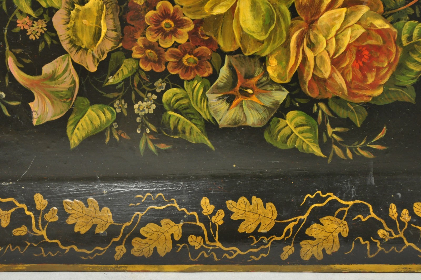 Antique French Country Tole Metal Hand Painted Floral Large Serving Platter Tray