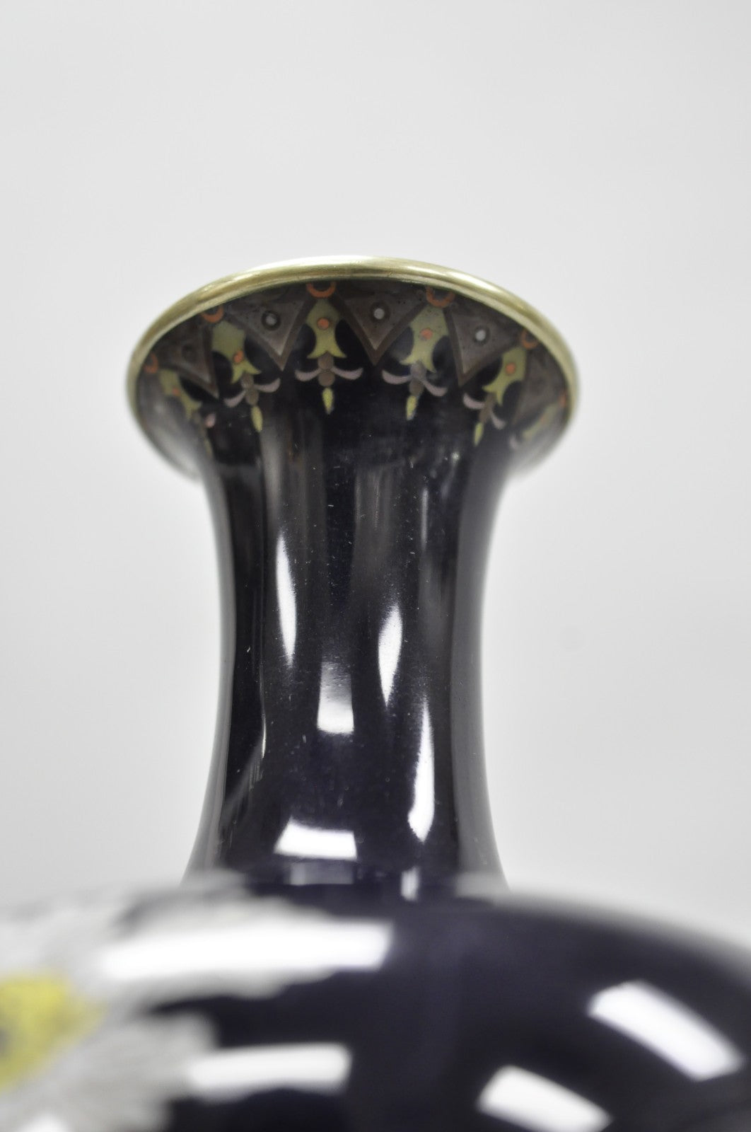 Meiji Period Japanese Cloisonne Enamel Dark Blue Daisy & Butterfly Tall Urn Vase