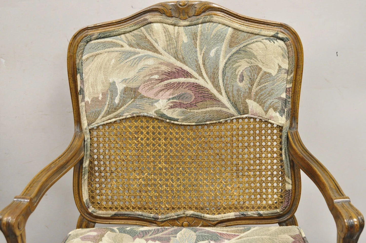 Vintage French Country Louis XV Style Upholstered Cane Lounge Arm Chairs - Pair