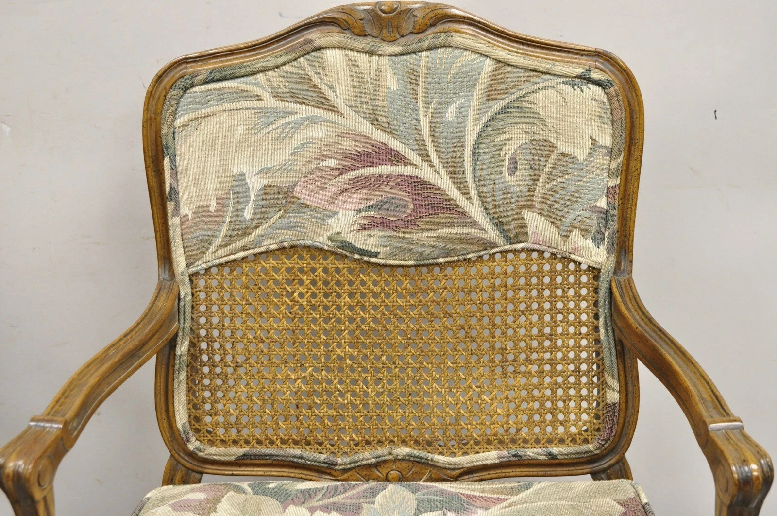 Vintage French Country Louis XV Style Upholstered Cane Lounge Arm Chairs - Pair
