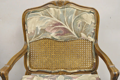 Vintage French Country Louis XV Style Upholstered Cane Lounge Arm Chairs - Pair