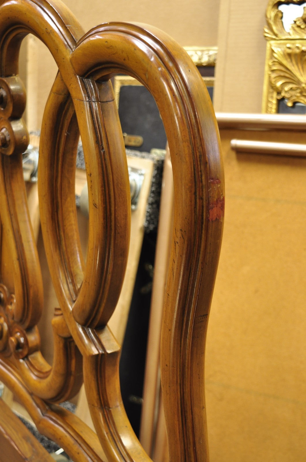 French Country Provincial Carved Fruitwood Walnut Scrolling Queen Bed Headboard