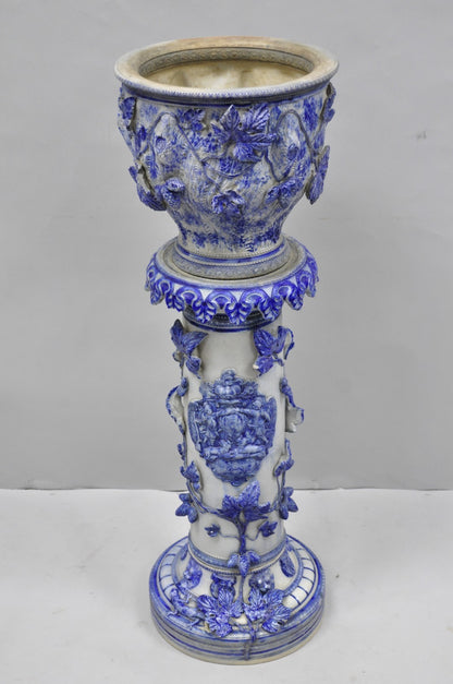 Antique German Westerwald Salt Glaze Stoneware Cobalt Blue Jardiniere & Pedestal