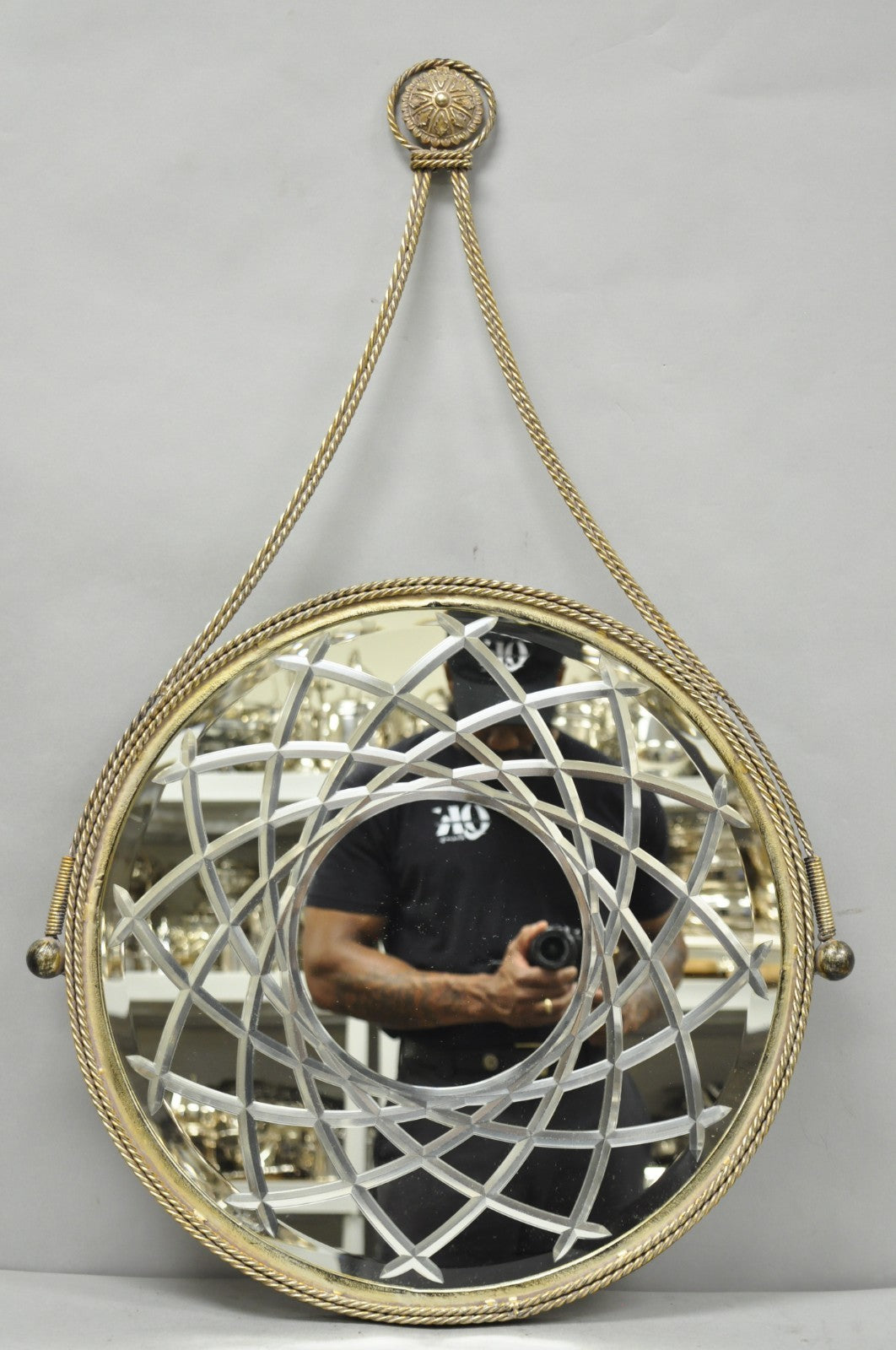 Contemporary Modern Hollywood Regency Round Etched Glass Hanging Wall Mirror