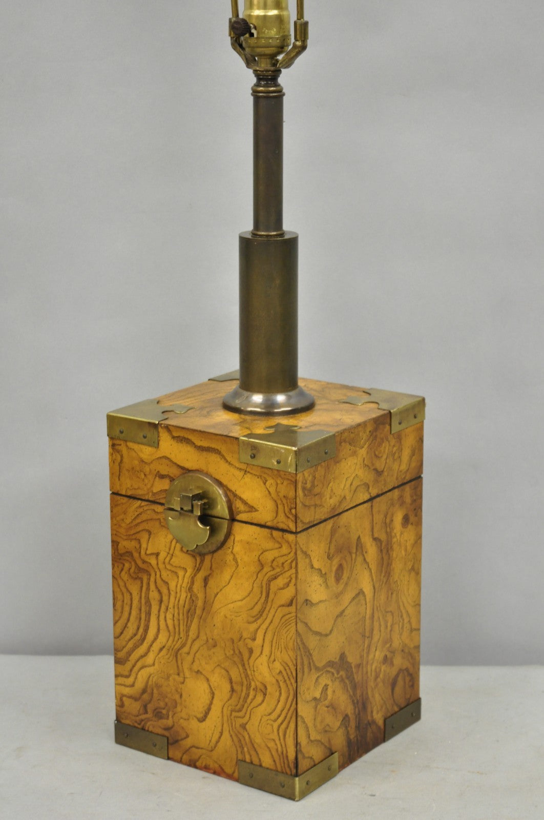 Vintage Campaign Style Burl Wood & Brass Faux Tea Box Table Lamp by Knob Creek