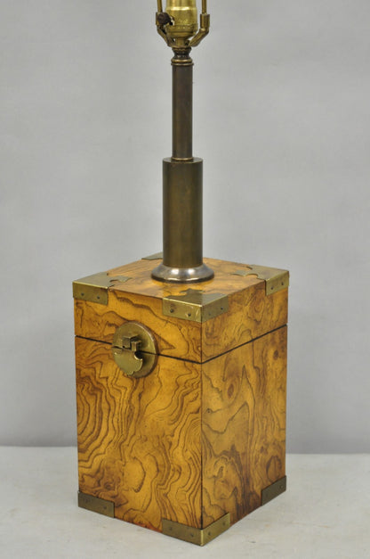 Vintage Campaign Style Burl Wood & Brass Faux Tea Box Table Lamp by Knob Creek