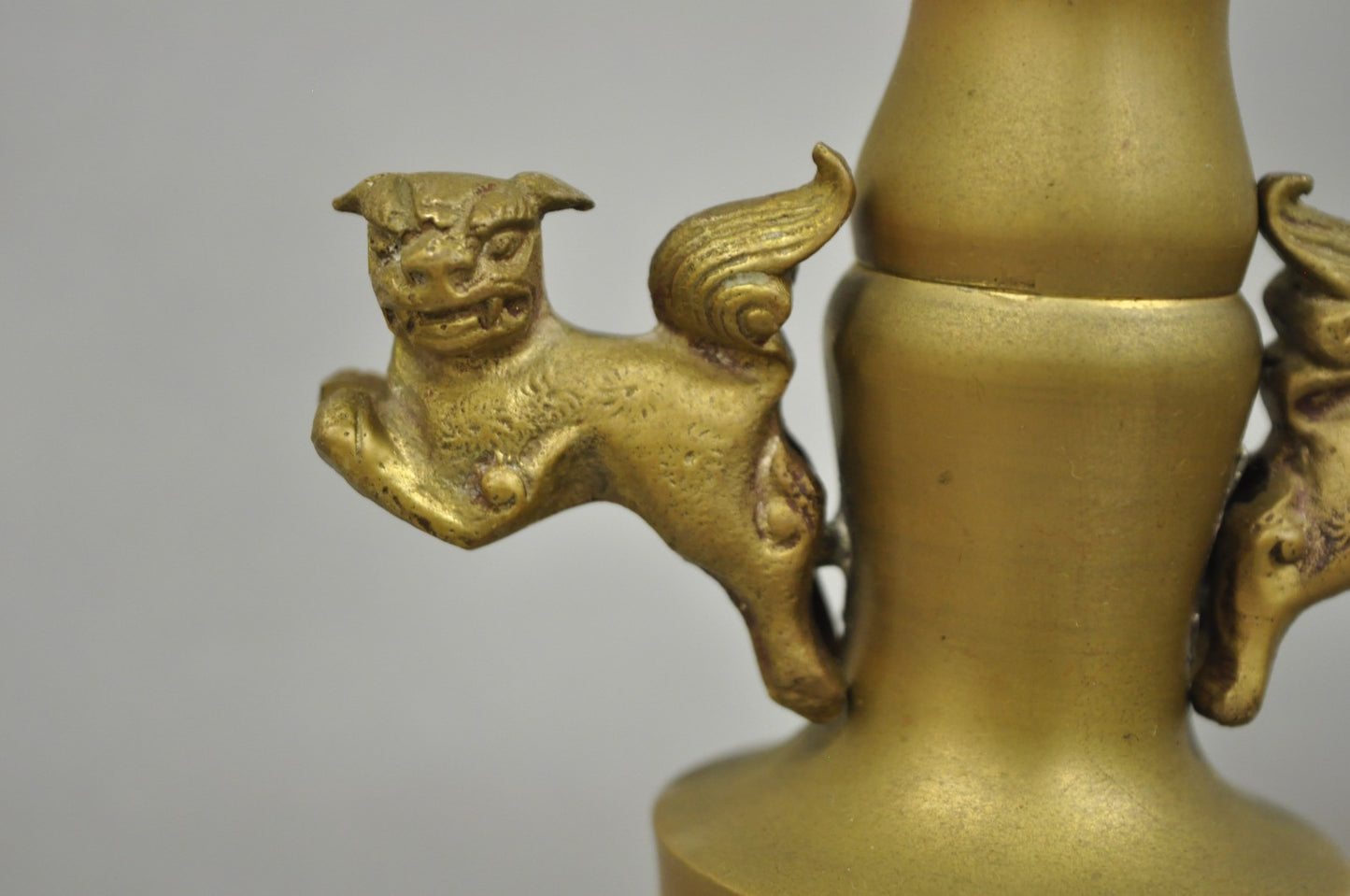Vintage Oriental Foo Dog Stacked Brass Pricket Chinese 20" Candlesticks - a Pair