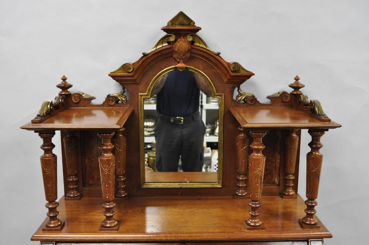 Antique Victorian Burl Walnut Slant Front Secretary Writing Desk with Mirror