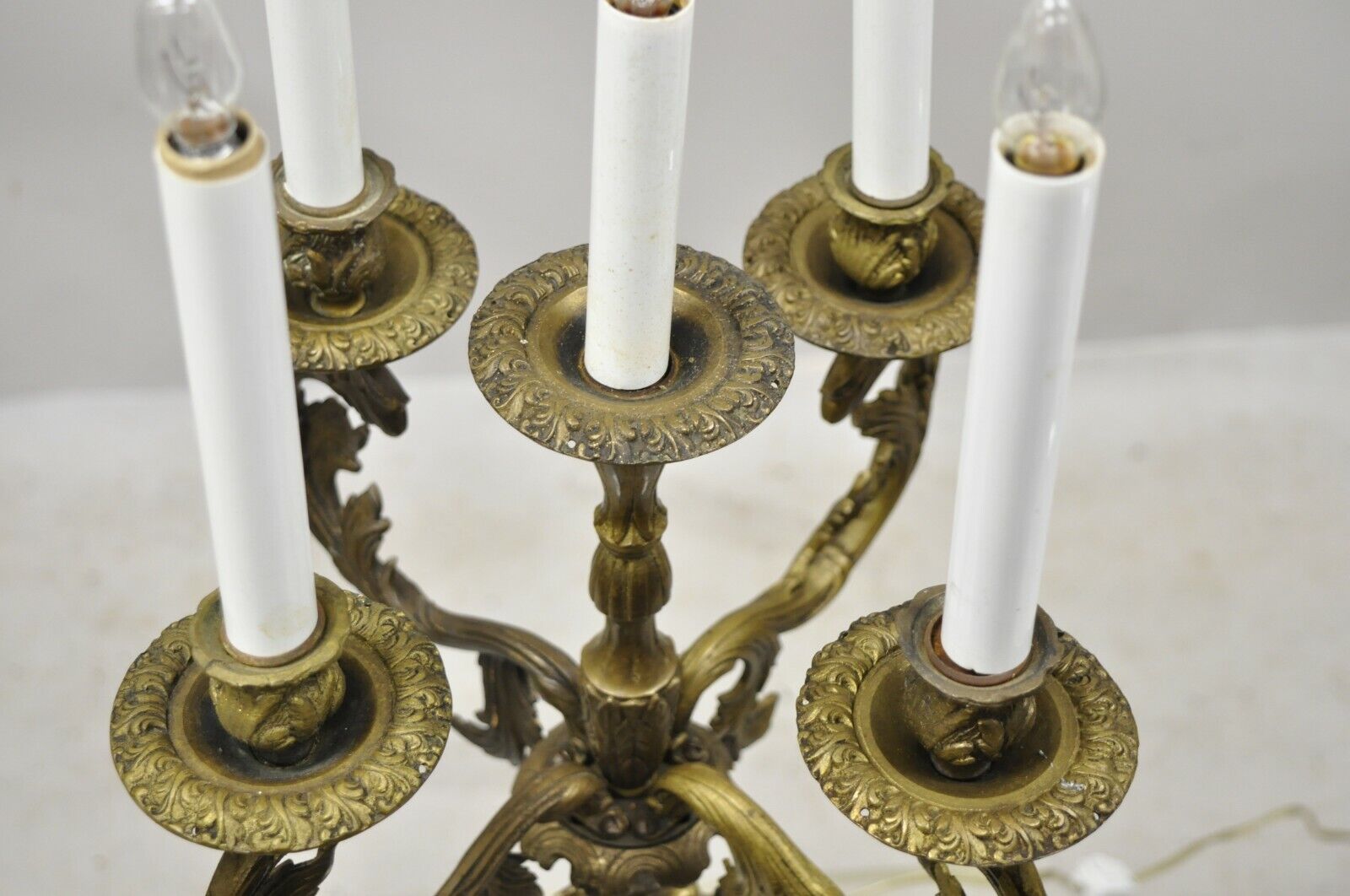 Vintage French Rococo Style Figural Cherub Brass & Marble Candelabra Table Lamp