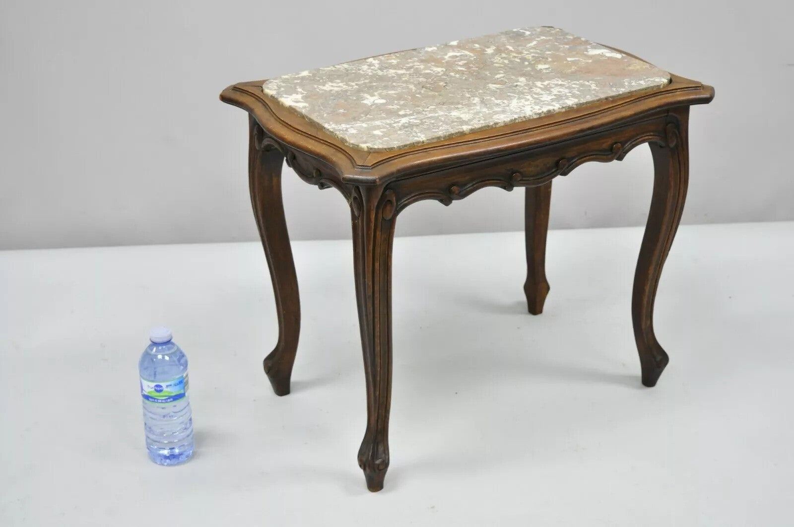 Vintage French Louis XV Style Walnut Marble Top Small Side Coffee Table