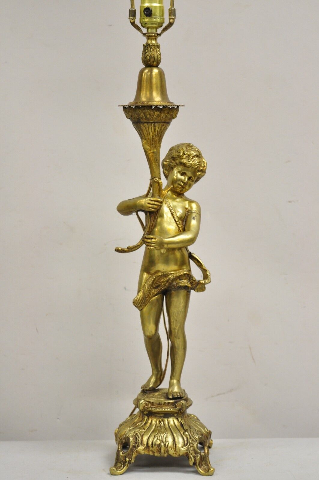 Vintage French Renaissance Brass Rococo Gold Figural Cherub Putti Table Lamp