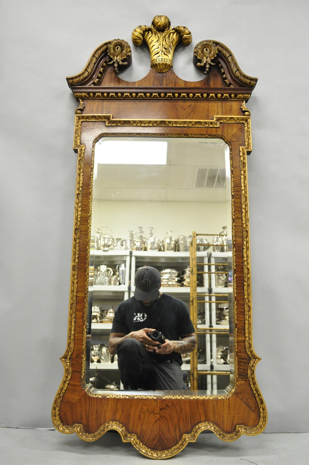 Antique George II Style Walnut Beveled Glass Wall Mirror w/ Plume Pediment