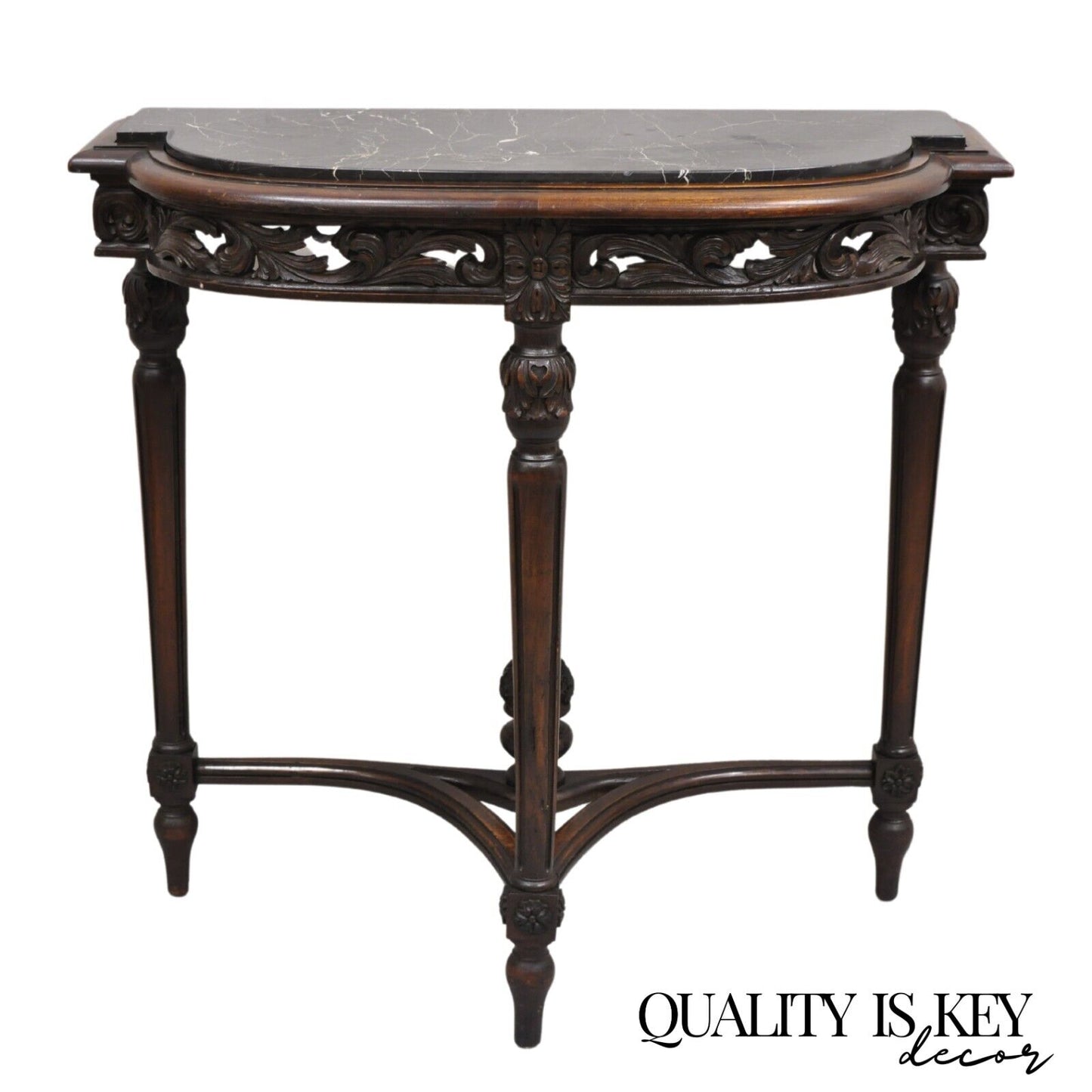 Antique French Louis XVI Carved Black Marble Top Demilune Console Hall Table