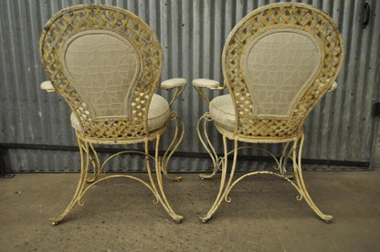 Vintage French Country Wrought Iron Lattice Scrolling Arm Chairs (B) - Pair