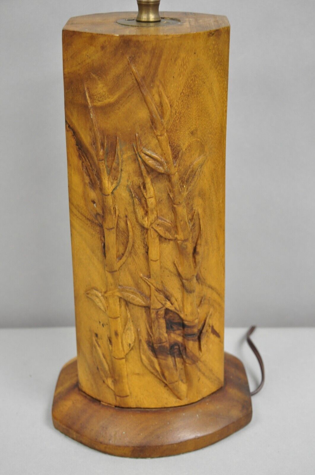 Antique Chinese Carved Solid Teak Wood Block Bamboo Chute Table Lamp
