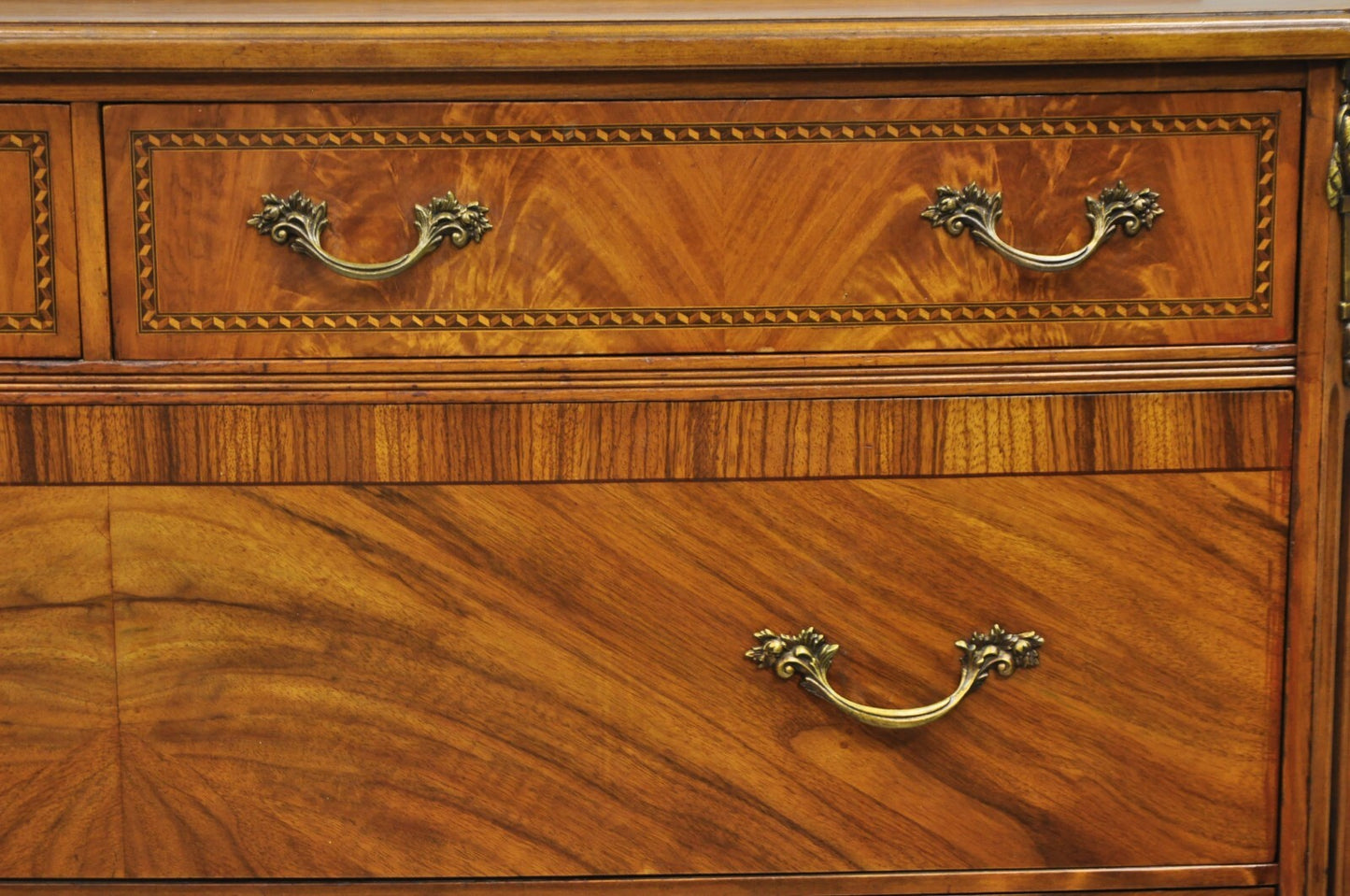 Antique French Louis XV Style Mahogany Satinwood Inlay 4 Drawer Dresser by Sligh