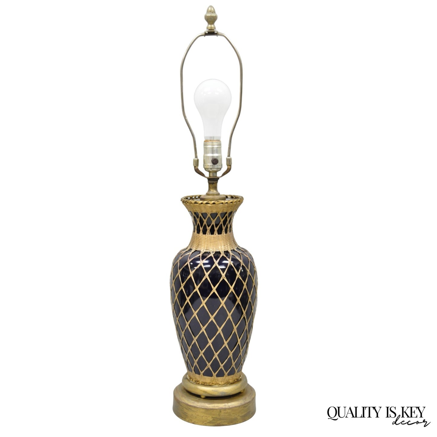 Antique Chinoiserie Japanese Cobalt Blue Porcelain Vase Brass Lattice Table Lamp