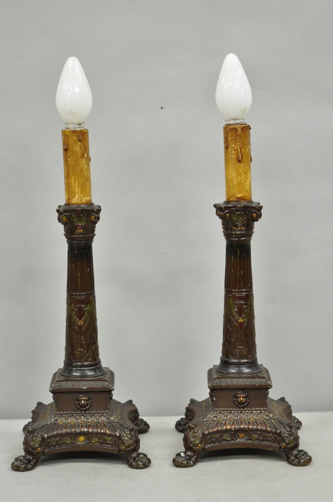 Antique French Empire Brown Painted Column Small Metal Table Lamps - a Pair