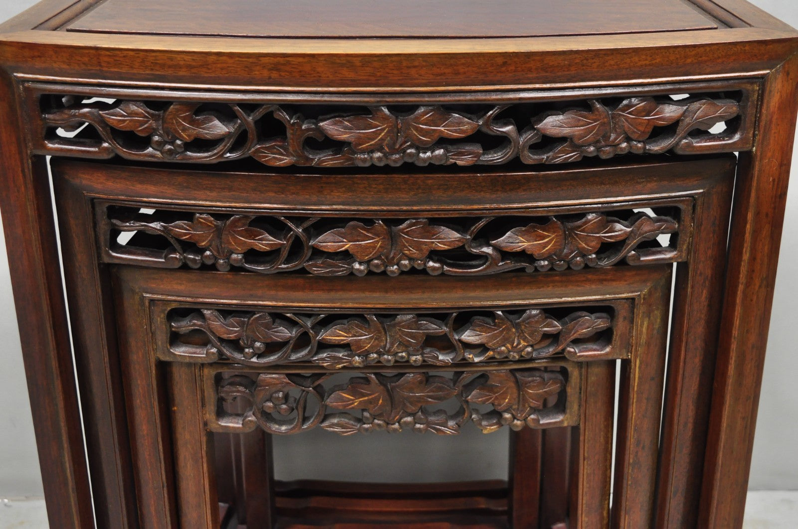 Vintage Chinese Carved Hardwood Curved Frame Nesting Side Tables - Set of 4