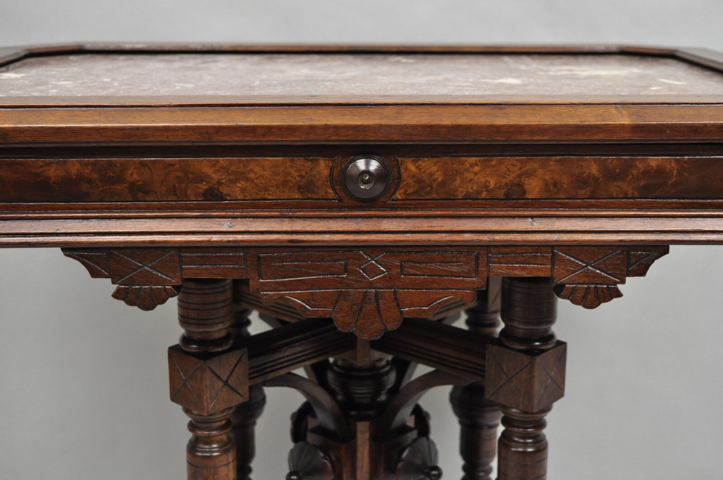 Antique Aesthetic Movement Victorian Carved Walnut Marble Top Parlor Side Table