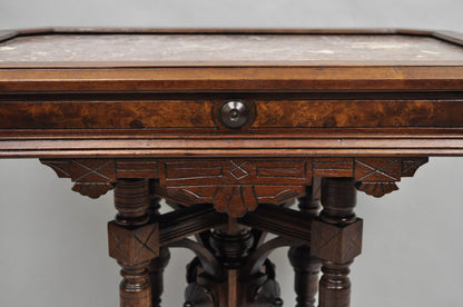 Antique Aesthetic Movement Victorian Carved Walnut Marble Top Parlor Side Table