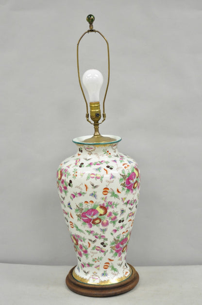 Vintage Chinoiserie Porcelain Jardinière Pink Flower Painted Large Table Lamp