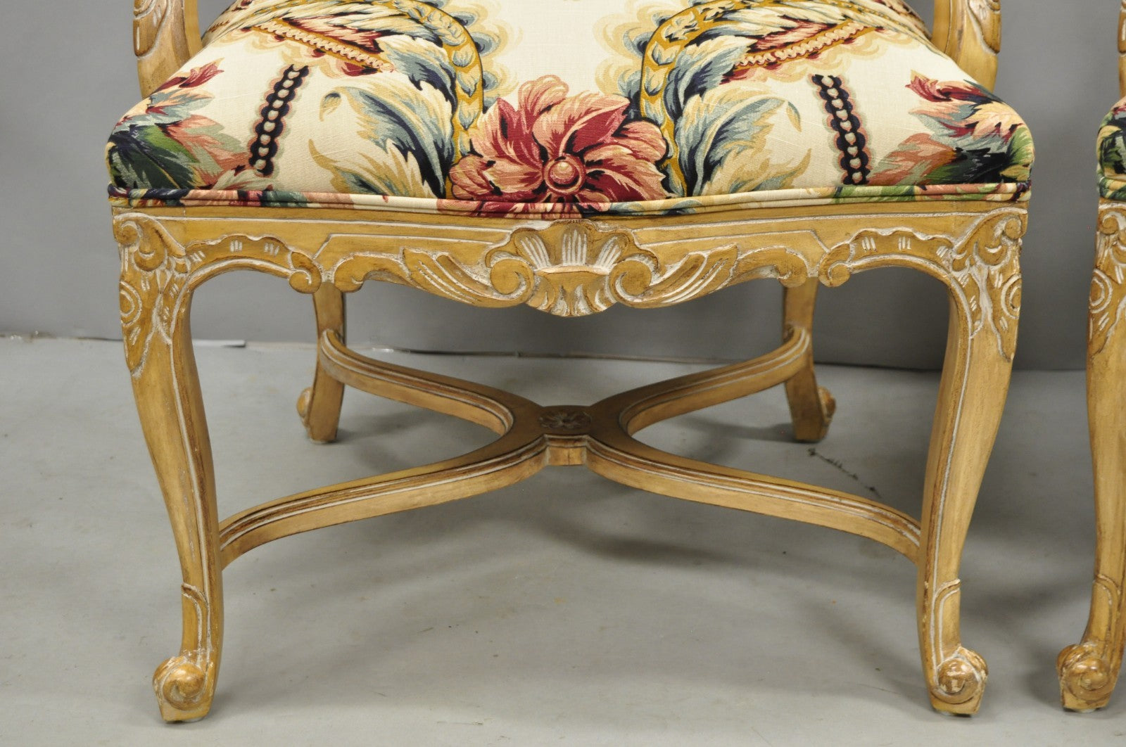 Vintage French Country Louis XV Style Carved Wood Lounge Arm Chairs - a Pair