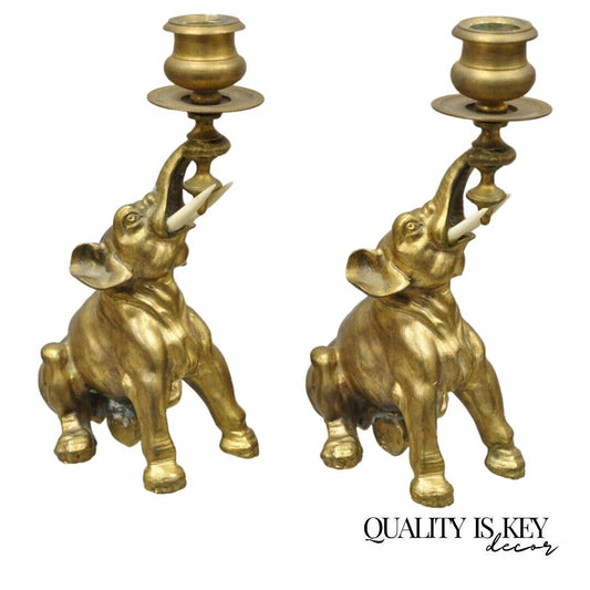 Vintage Gilded Brass Bronze Figural Elephant Small Candlesticks - a Pair