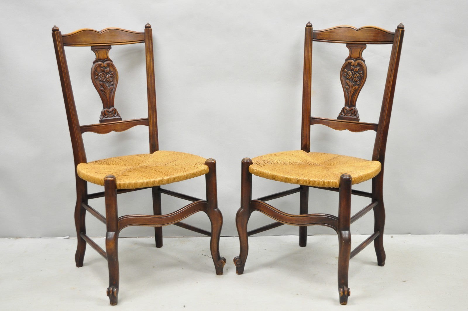 Antique William & Mary Style Carved Walnut Rose Rush Seat Side Chairs - a Pair