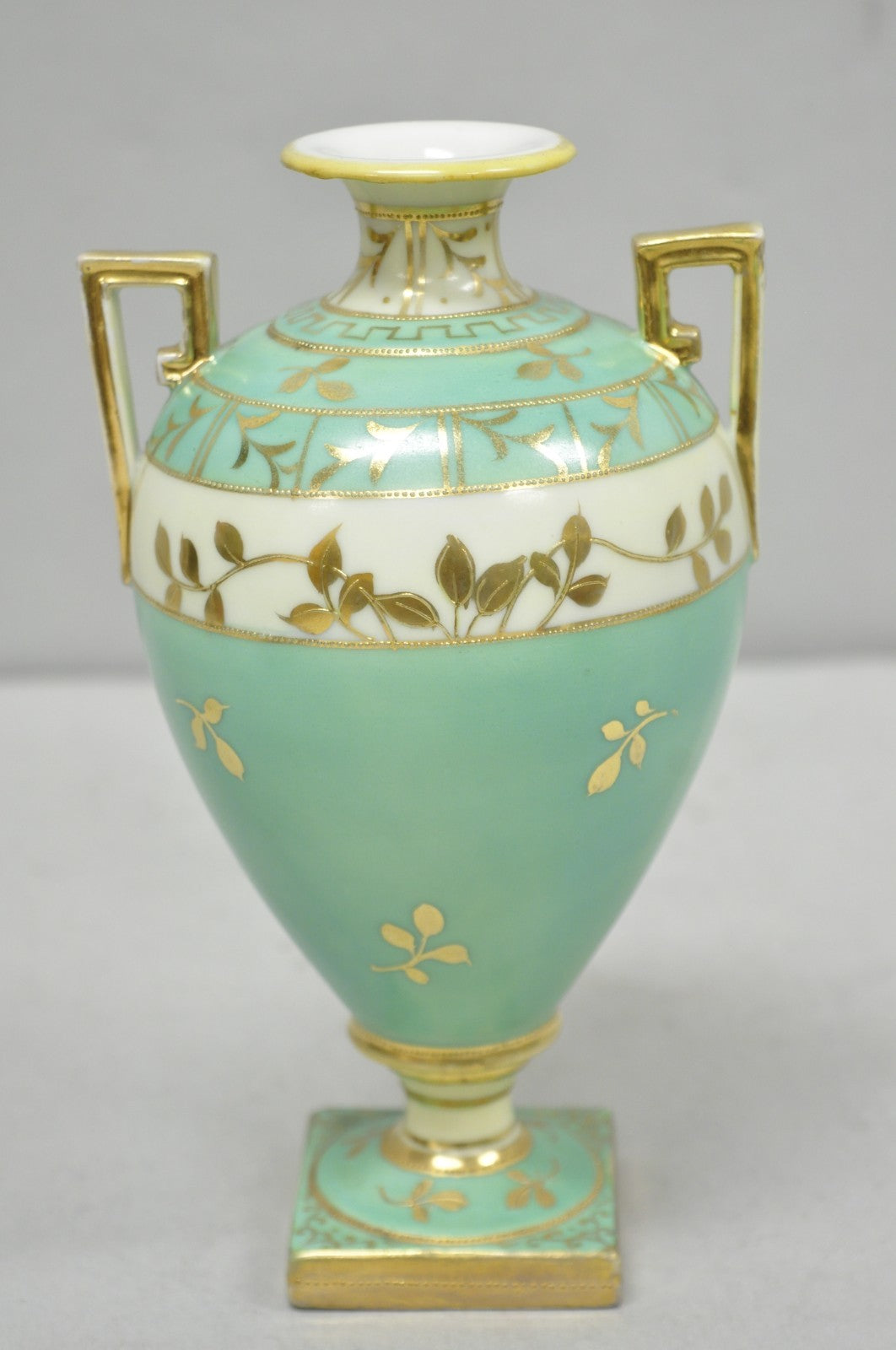 Antique Nippon Hand Painted Porcelain Windmill Scene Green Small Bolted Vase
