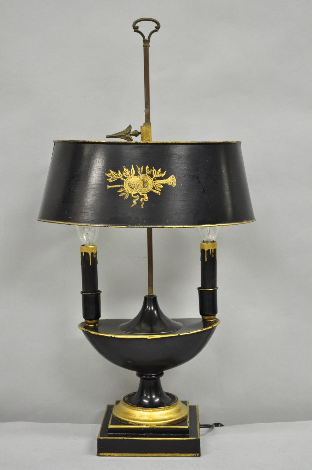 Antique French Empire Black & Gold Tole Metal Urn Bouillotte Table Lamp w Shade