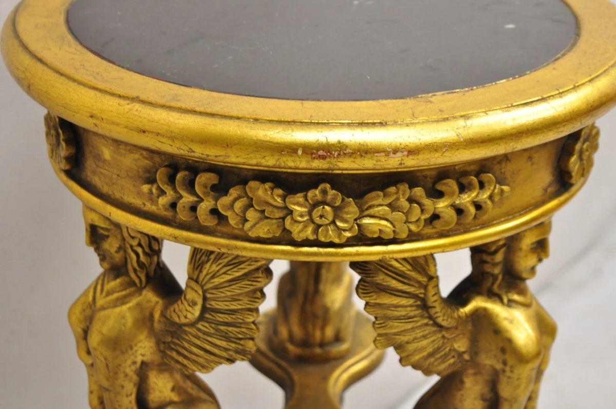Egyptian Revival Gold Giltwood Marble Top Sphinx Pedestal Side Table Plant Stand