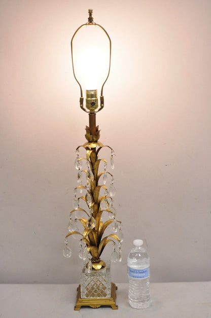 Vintage Italian Hollywood Regency Gold Gilt Iron Leafy Table Lamp w/ Crystals