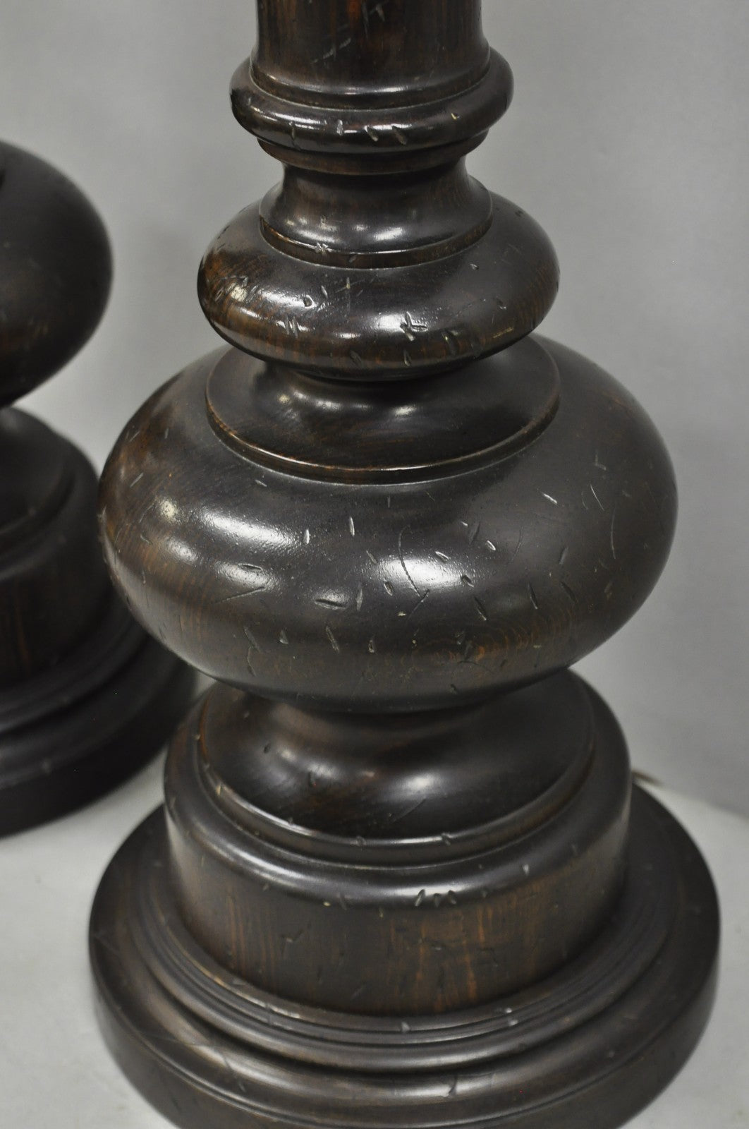 Vintage French Country Farmhouse Distressed Solid Carved Wood Table Lamps - Pair