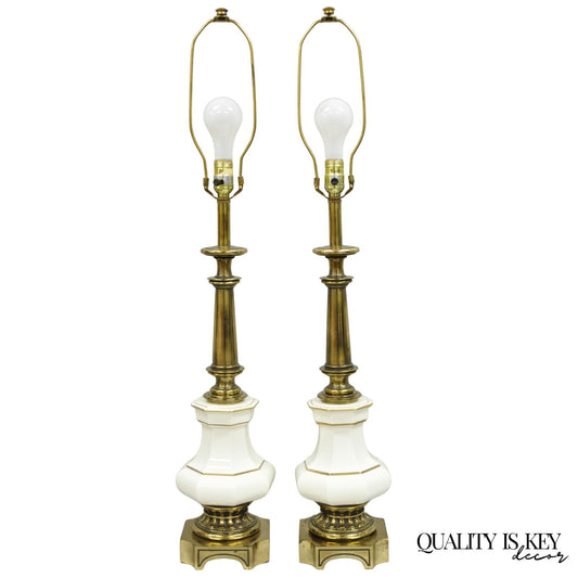 Vintage Stiffel Empire Style Burnished Brass & Porcelain Table Lamps (C) - Pair