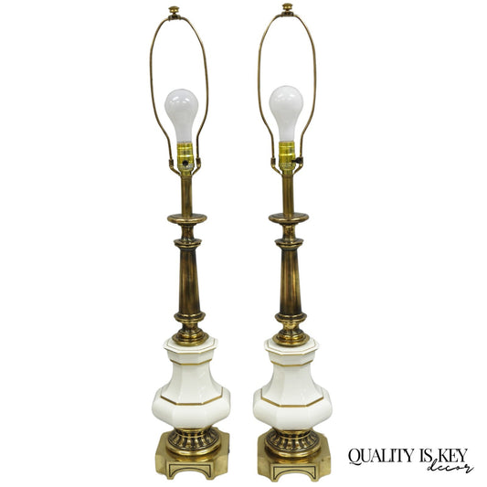 Vintage Stiffel Empire Style Burnished Brass & Porcelain Table Lamps (A) - Pair