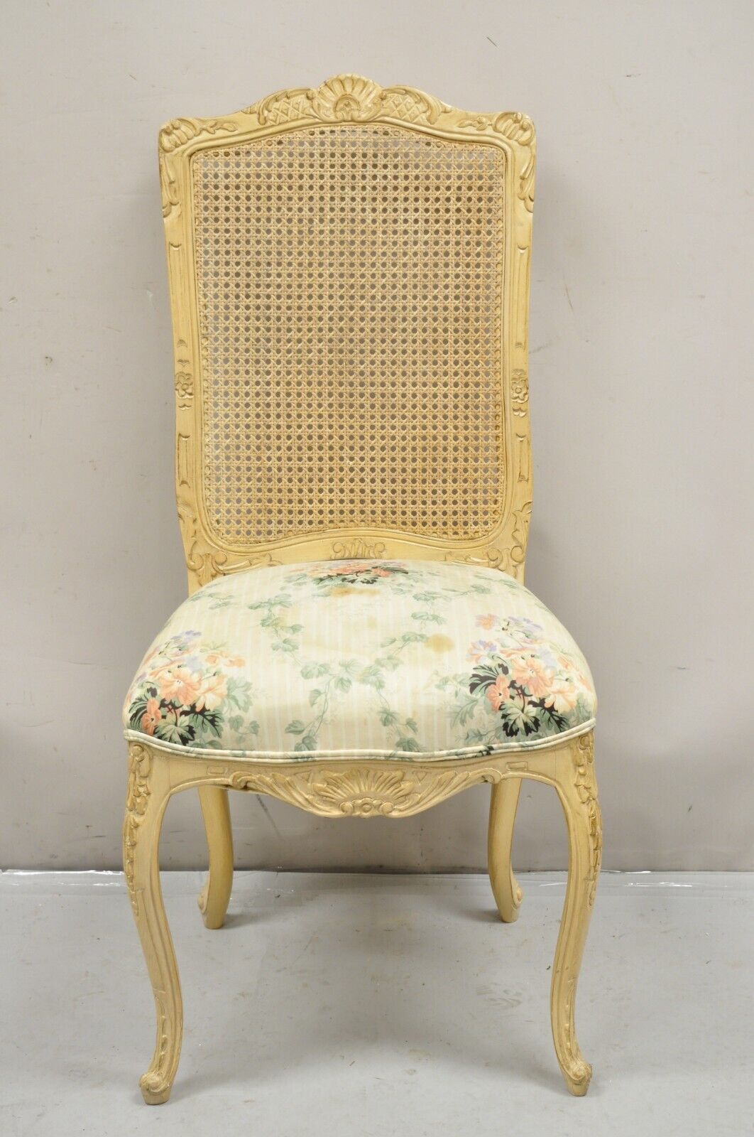 Vintage French Louis XV Provincial Style Cane Back Cream Dining Chairs- Set of 6