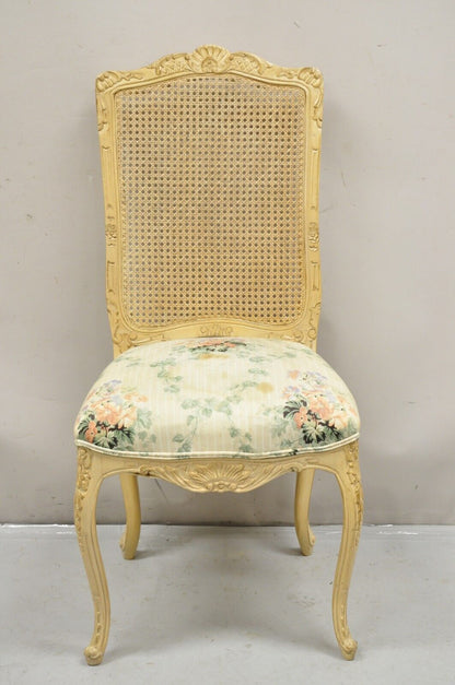 Vintage French Louis XV Provincial Style Cane Back Cream Dining Chairs- Set of 6