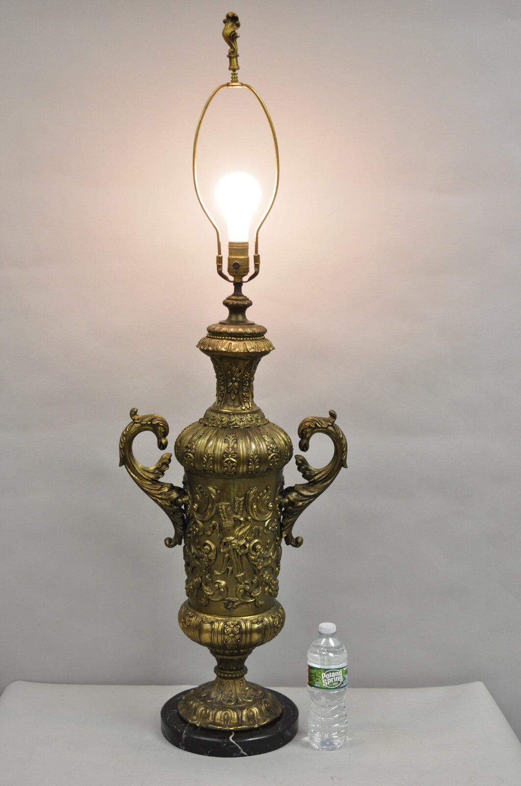 Antique Italian Renaissance Gold Bronze Figural Twin Handle Urn Large Table Lamp
