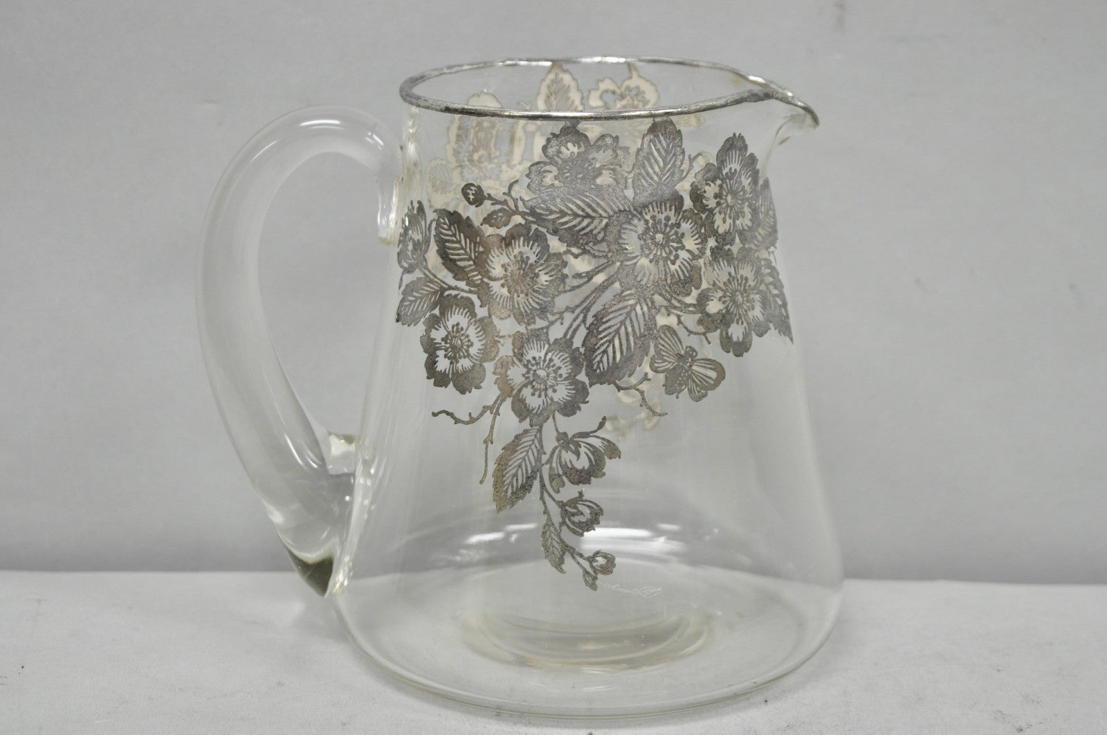 Vintage Art Nouveau Floral Sterling Silver Overlay Crystal Glass Water Pitcher
