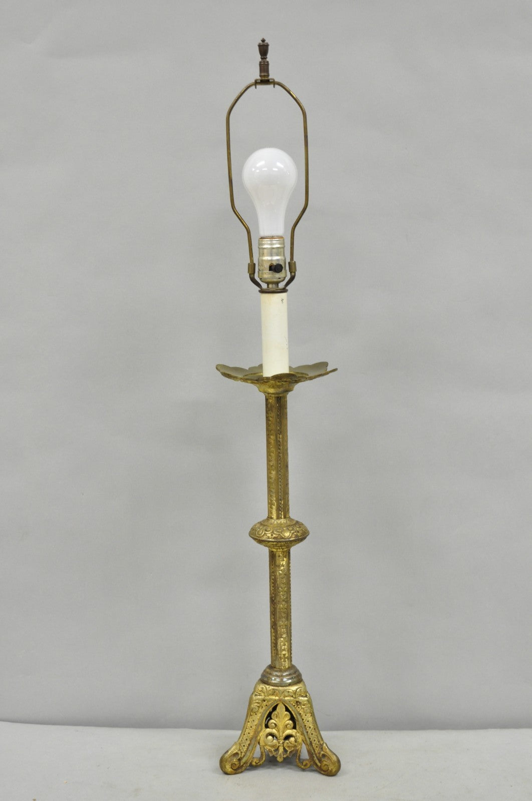 Antique French Renaissance Brass Religious Church Candlestick Table Lamp