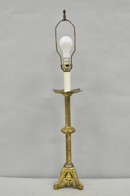 Antique French Renaissance Brass Religious Church Candlestick Table Lamp