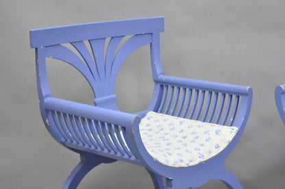 Vintage Hollywood Regency Italian Style Blue Curule X-Frame Arm Chair - a Pair