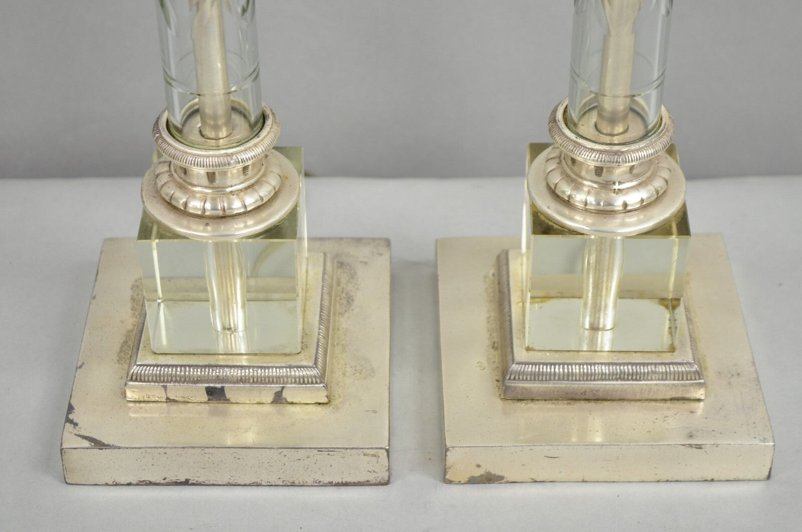 Antique French Empire Nickel Silver Glass Corinthian Column Table Lamps - a Pair