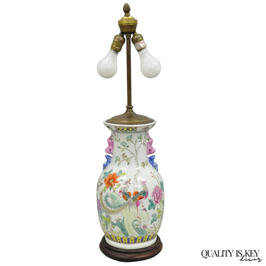 Vintage Oriental Porcelain Jardiniere Vase Bird and Flower Painted Table Lamp